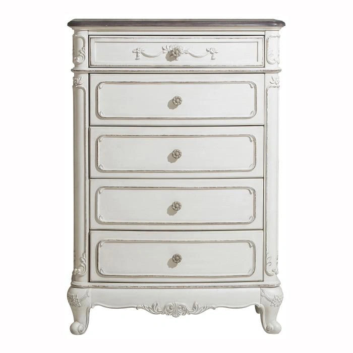Cinderella 5 Drawer Chest in Antique White with Grey Rub-Through