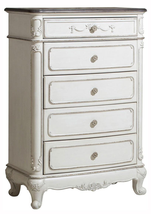 Cinderella 5 Drawer Chest in Antique White with Grey Rub-Through