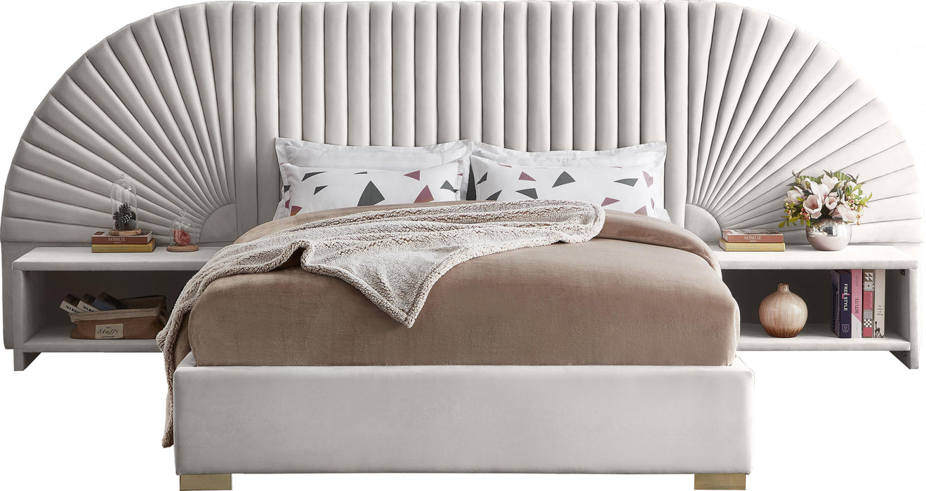 Cleo Cream Velvet Queen Bed (3 Boxes)